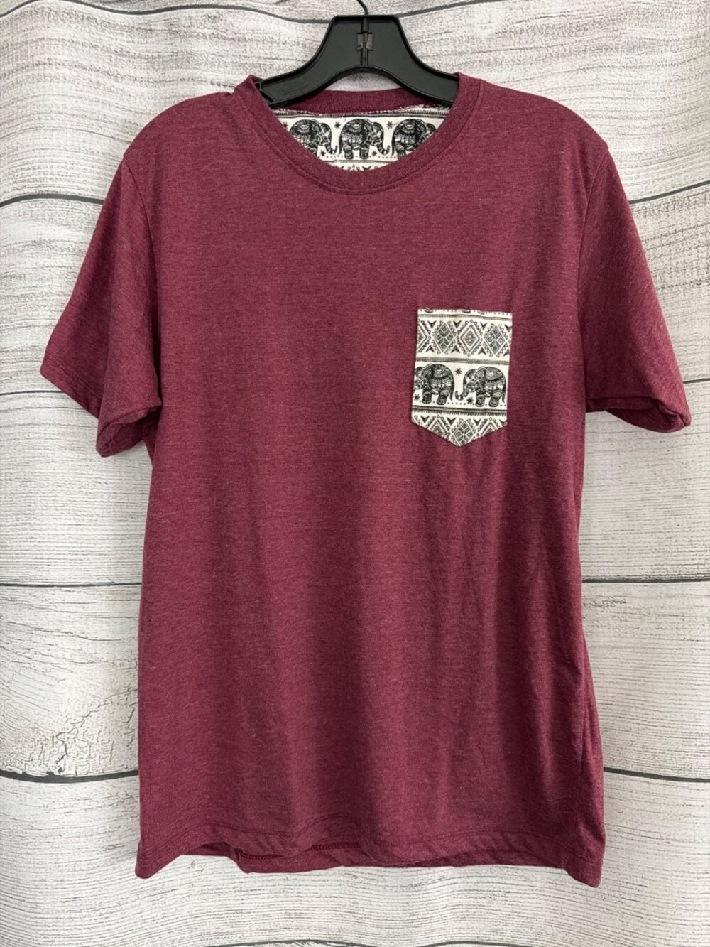Mens Tribal Elephant Print Pocket T-Shirt Maroon